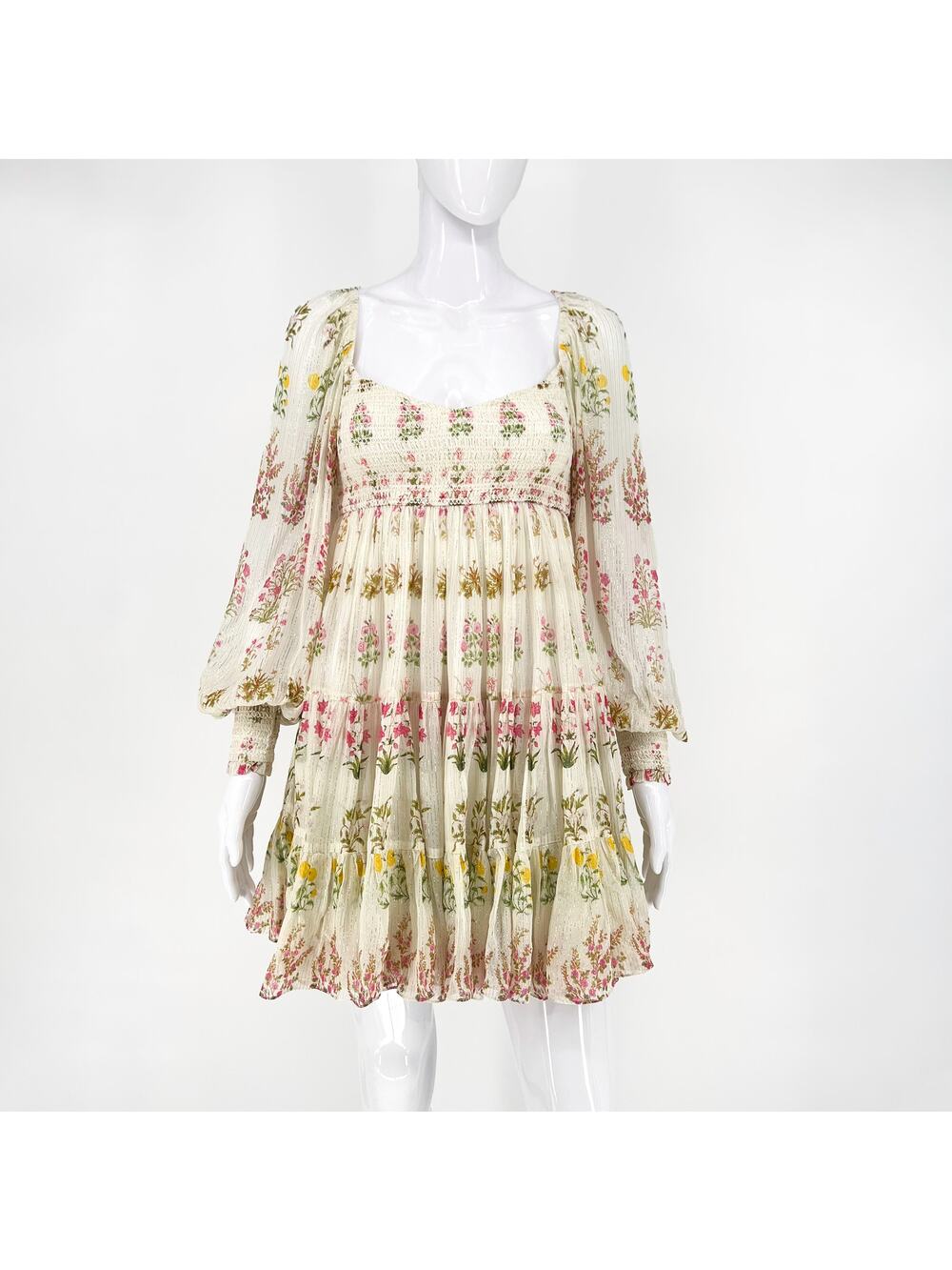Hemant & Nandita Smocked Floral Mini Dress White Multicolor Floral NWT Size XS